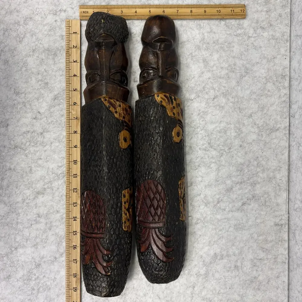 Vintage 1970s Hawaiian Carved Wood Tiki Couple – Wall Art Pair 18.5